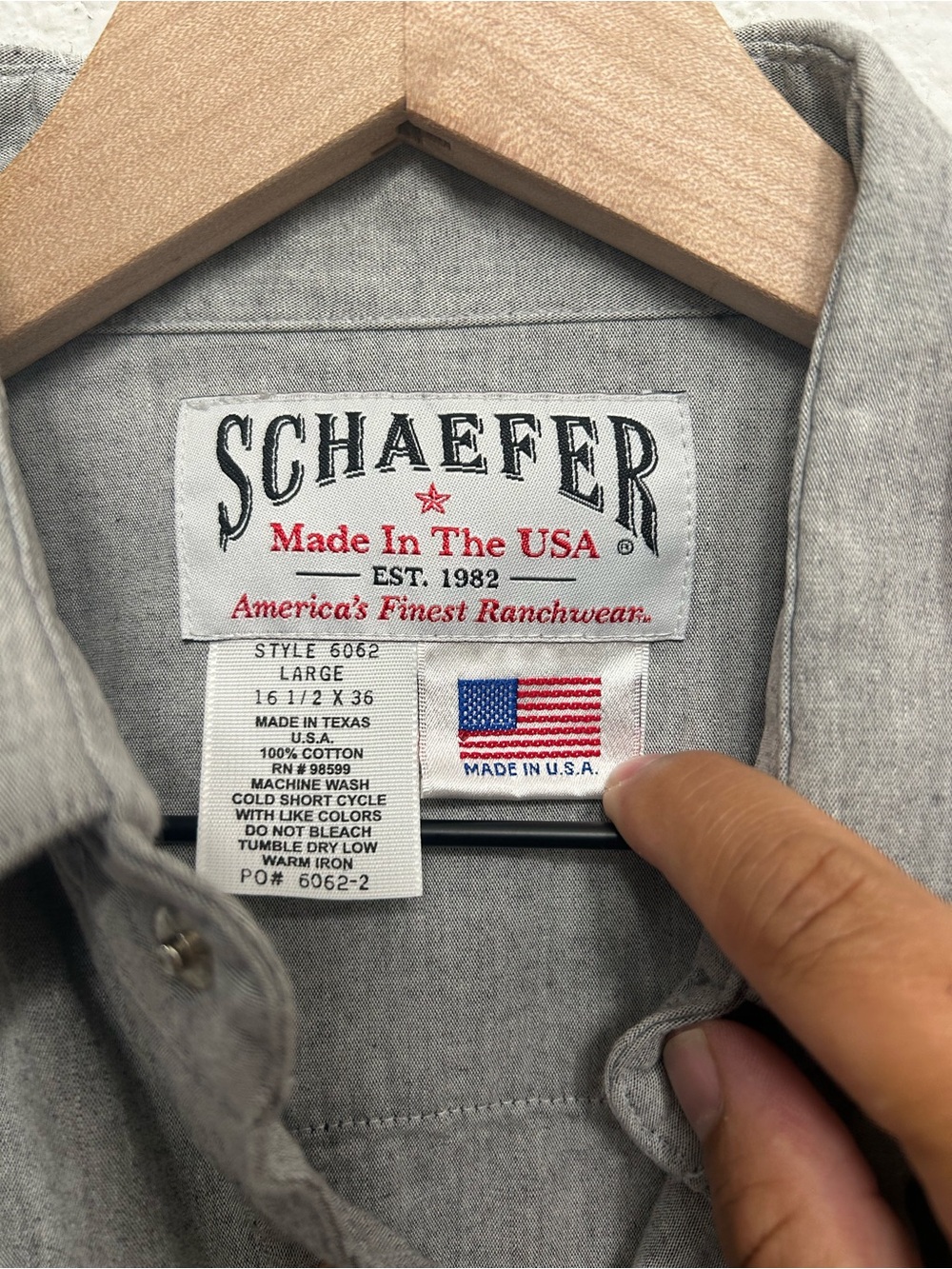 Schaefer Outfitter Western Pearl Snap Shirt Mens L Grey Chambray Made in USA